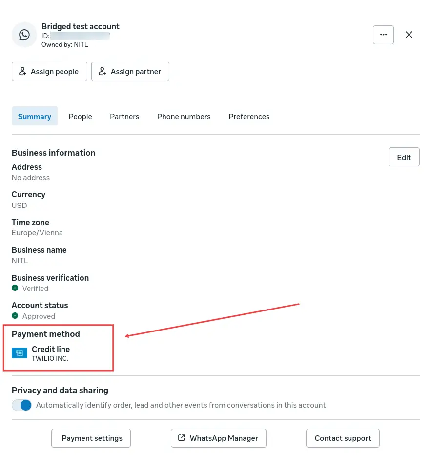 Bridged test account summary tab showing business information and payment method.