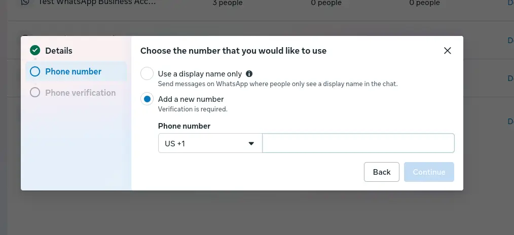 Bridged Media WhatsApp integration phone number selection dialog