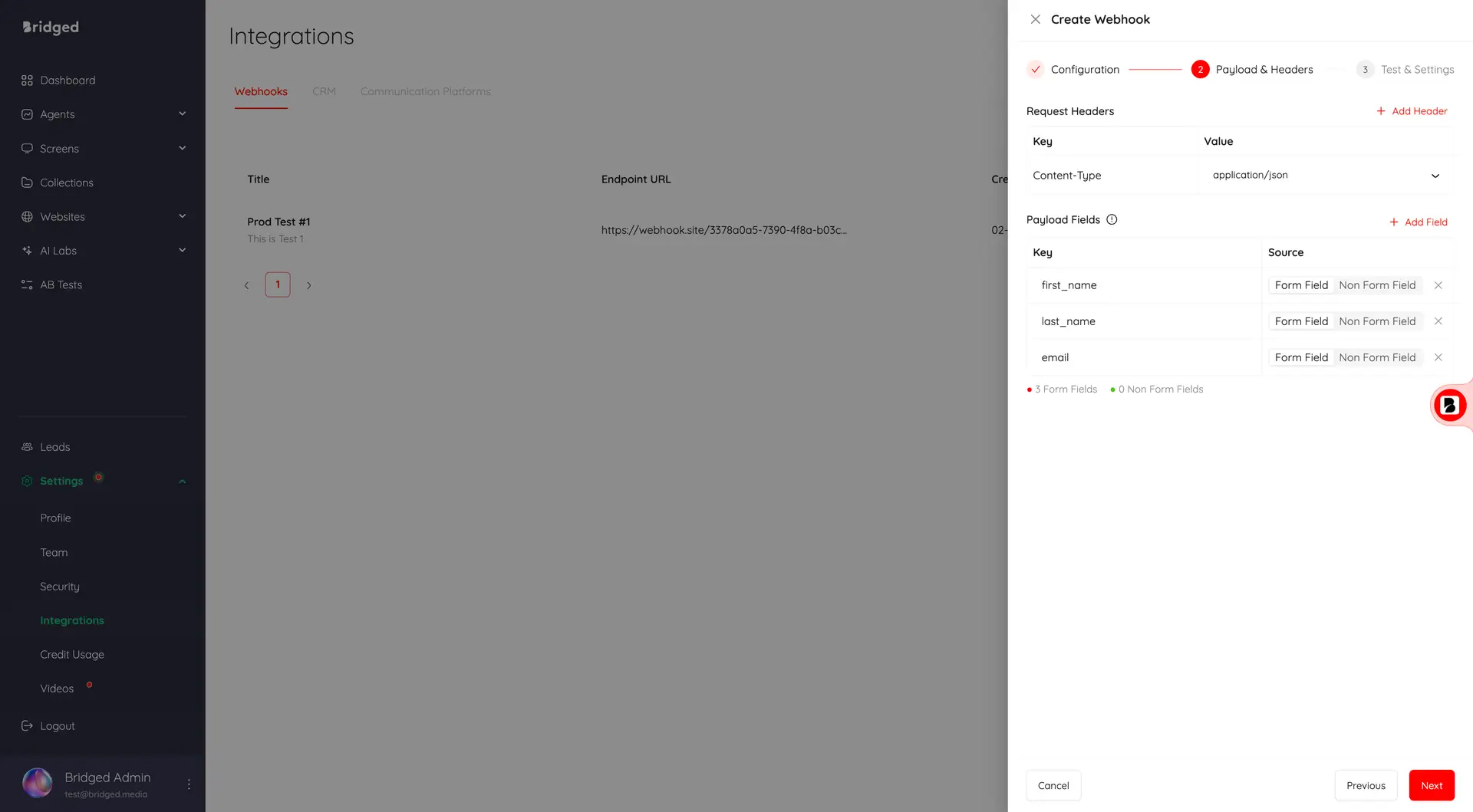 Bridged Integrations Webhooks configuration screen showing payload and headers setup.