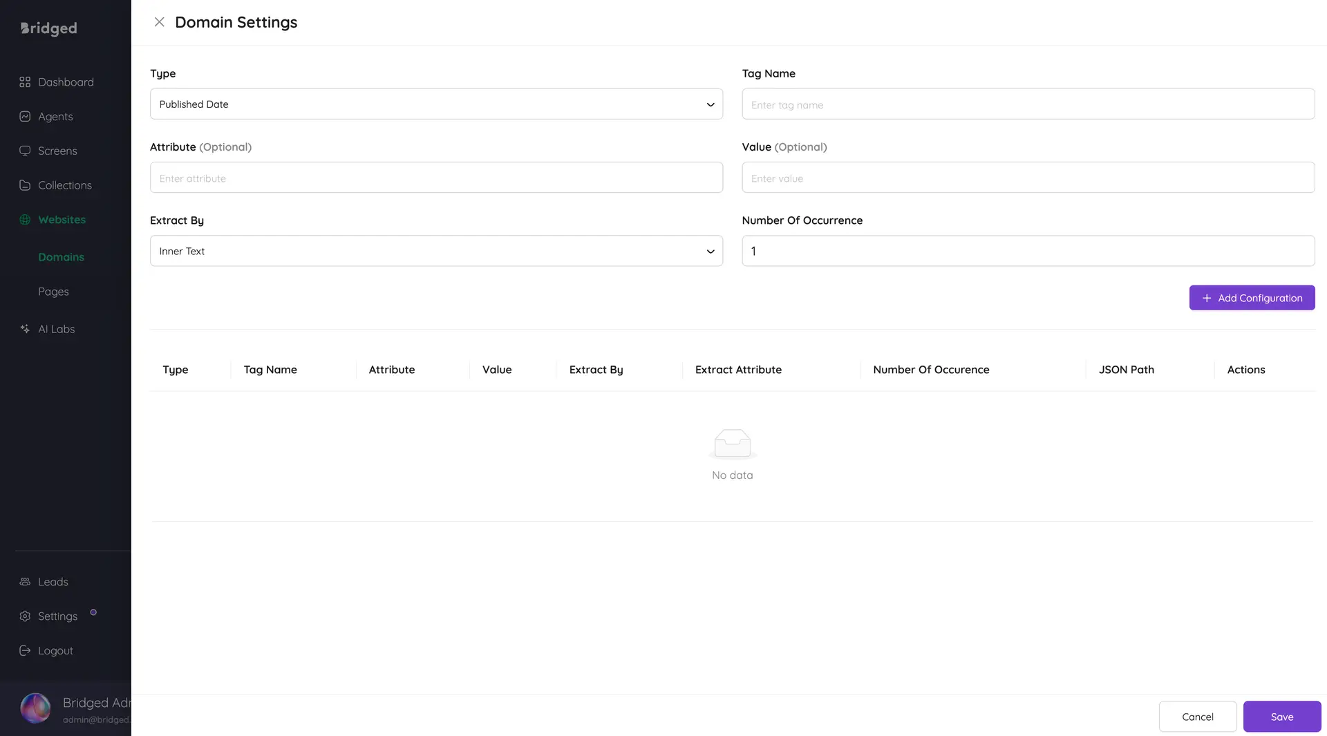 Bridged Media Domain Settings screen for configuring content extraction parameters.