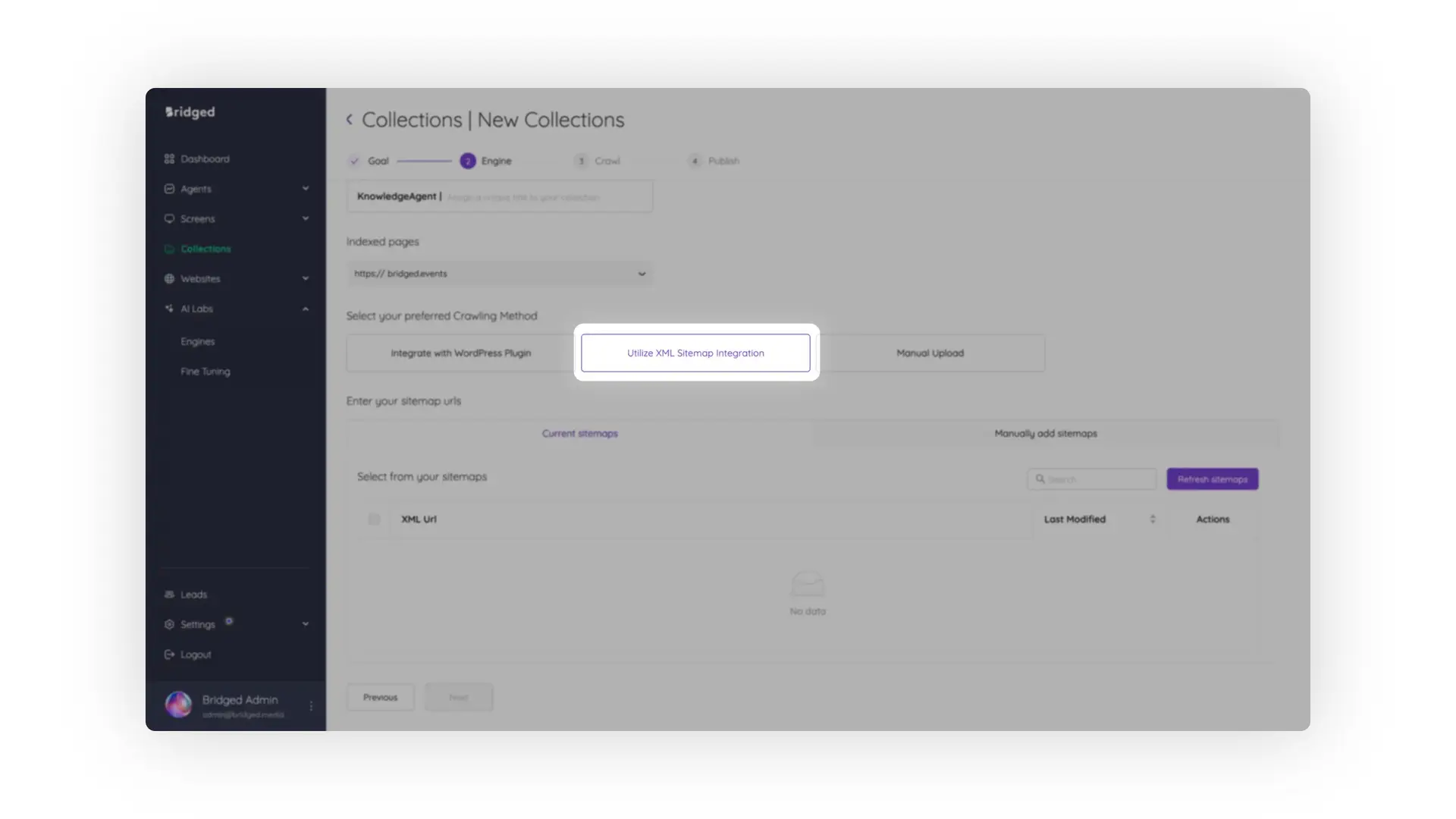 Bridged Media Collections New Collections Engine step interface