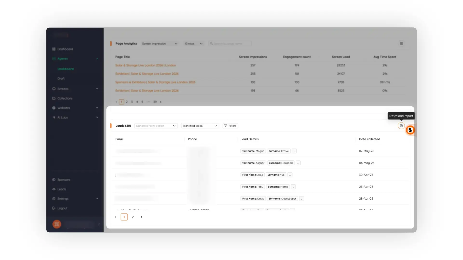 Bridged Media Agents Dashboard showing Page Analytics and Leads sections.