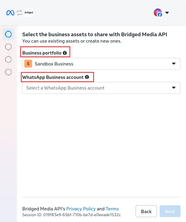 Bridged Setup screen for selecting business assets to share with Bridged Media API, featuring fields for Business portfolio and WhatsApp Business account.