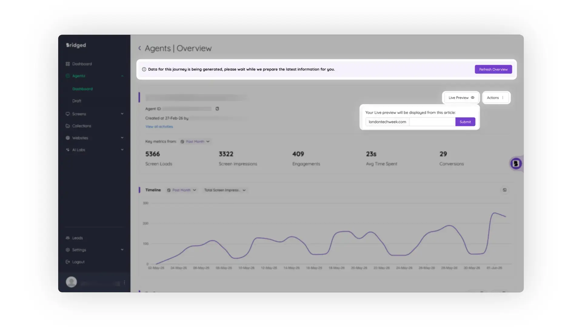 Bridged Agents Overview page showing agent performance metrics and timeline graph.