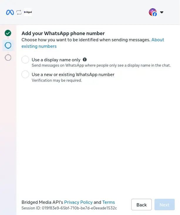 Bridged Setup screen for WhatsApp phone number integration