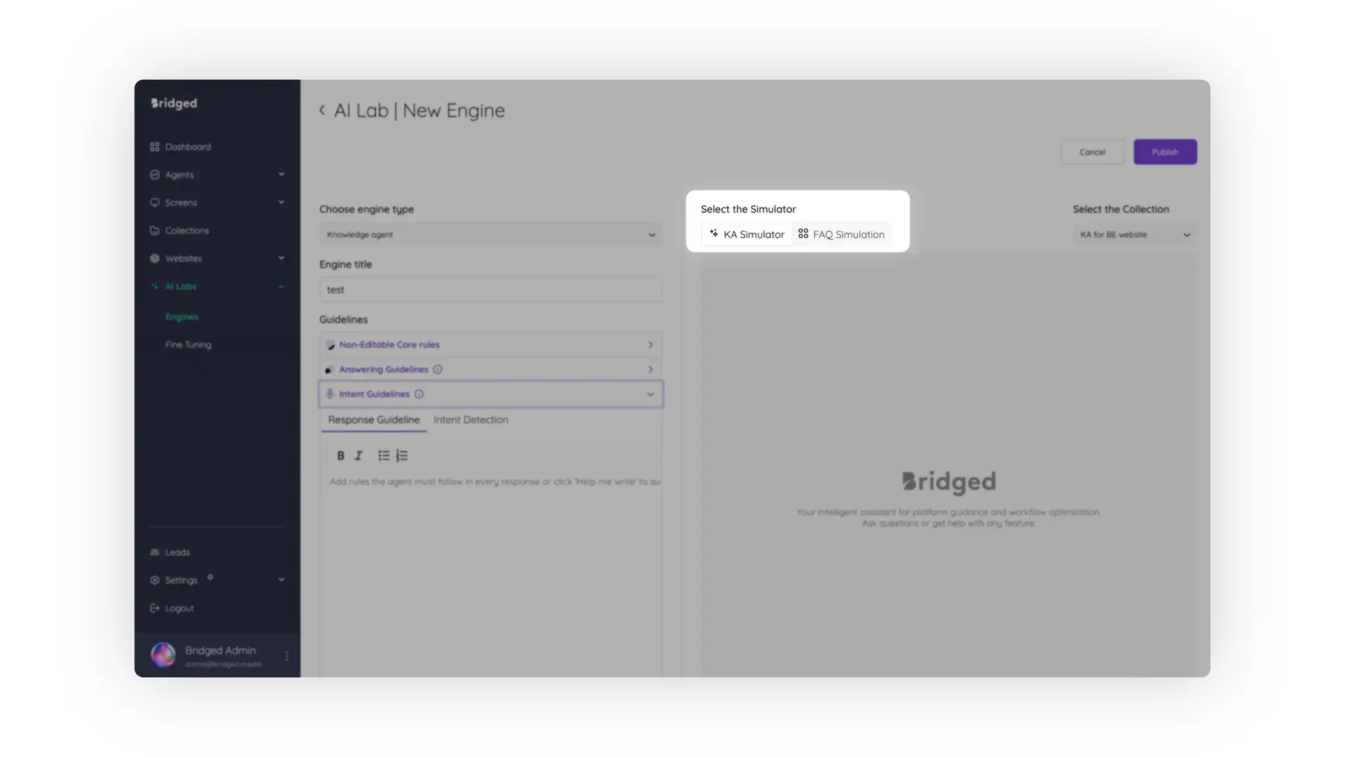 Bridged Media AI Lab New Engine interface for creating a Knowledge Agent engine.