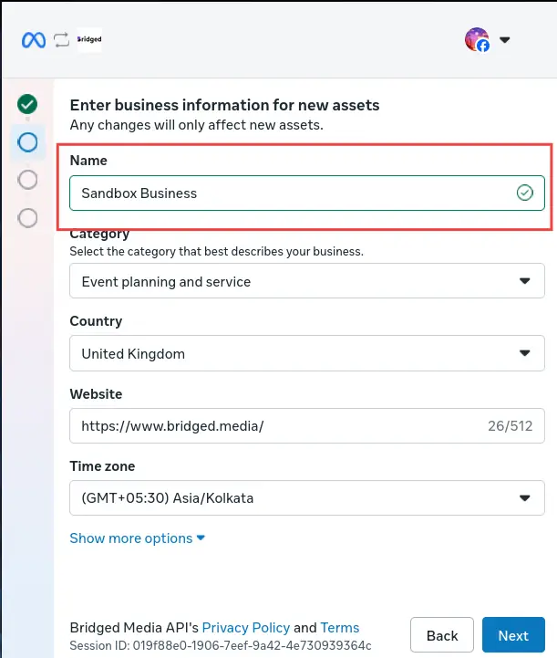 Bridged Setup screen for entering business information for new assets with fields for name, category, country, website, and time zone.