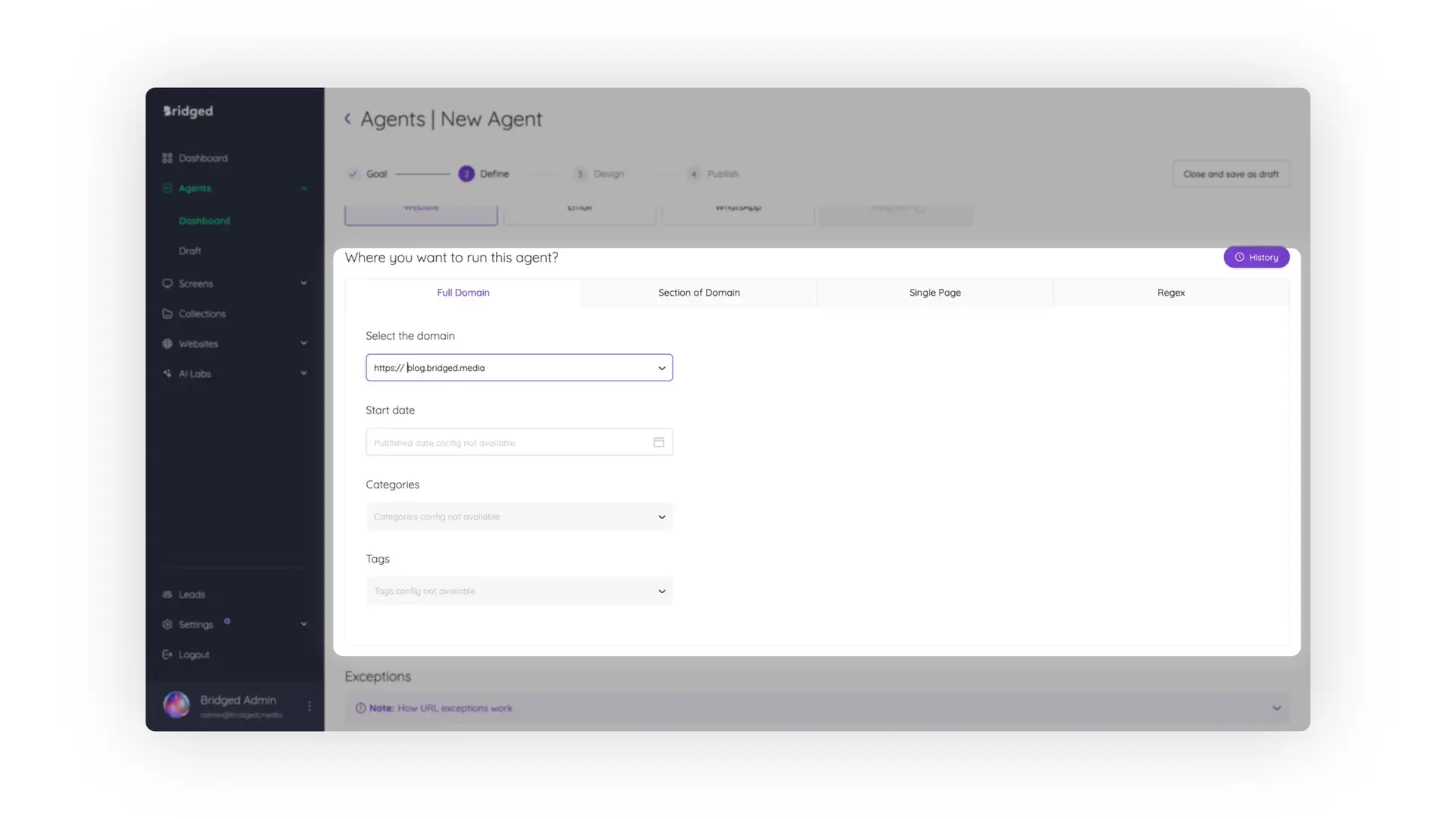 Bridged Media Agents New Agent Define Step