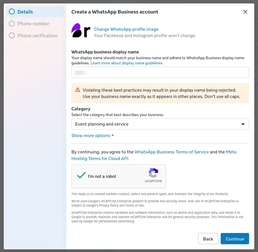 Create a WhatsApp Business account screen in Bridged platform, Details step with display name and category fields.