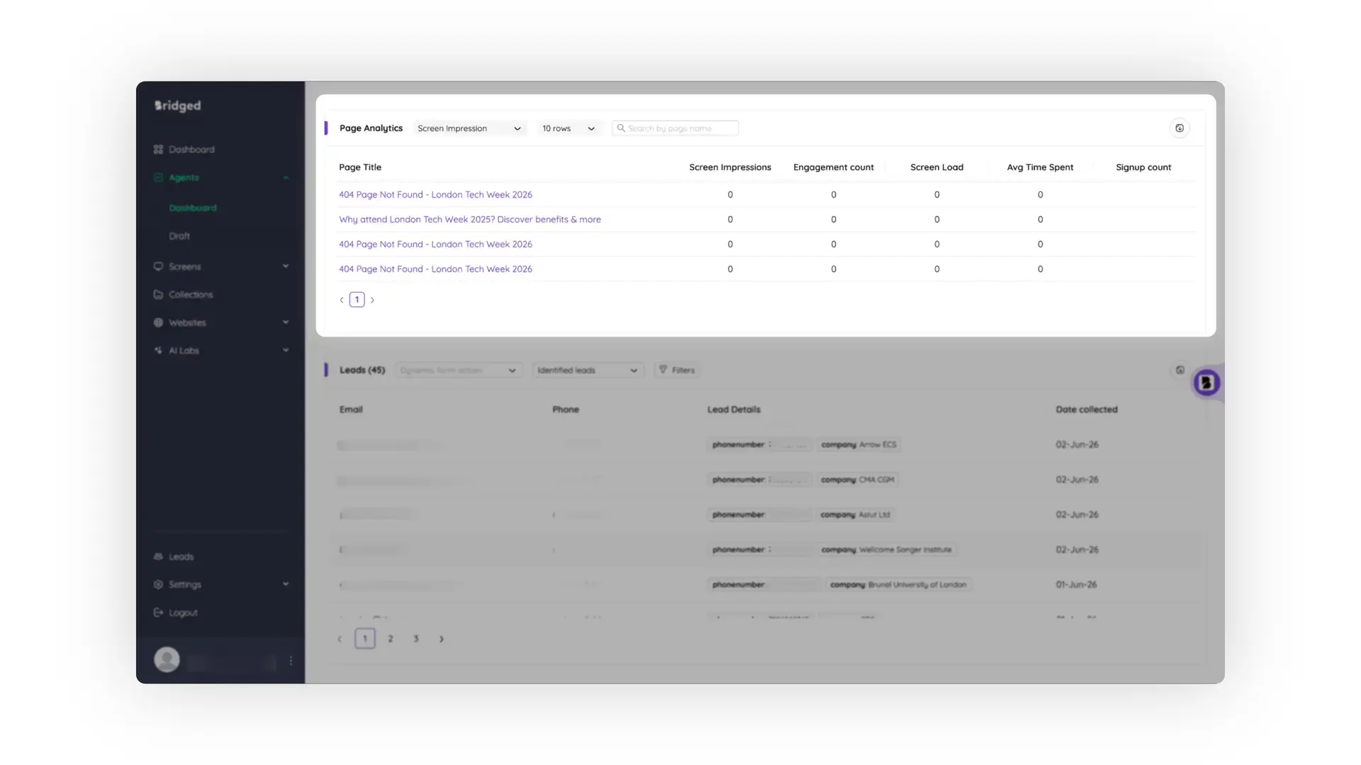 Bridged platform Agents section showing page analytics and leads data.
