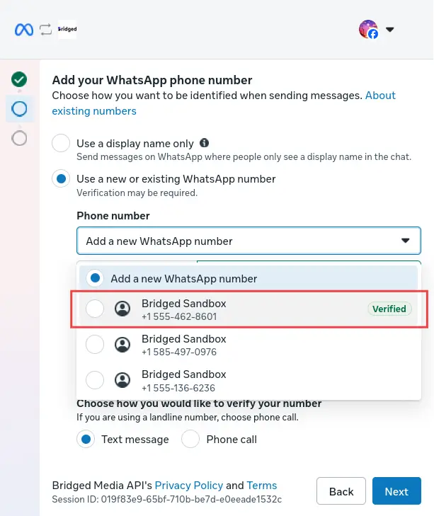 Bridged Media WhatsApp phone number setup screen for integration.