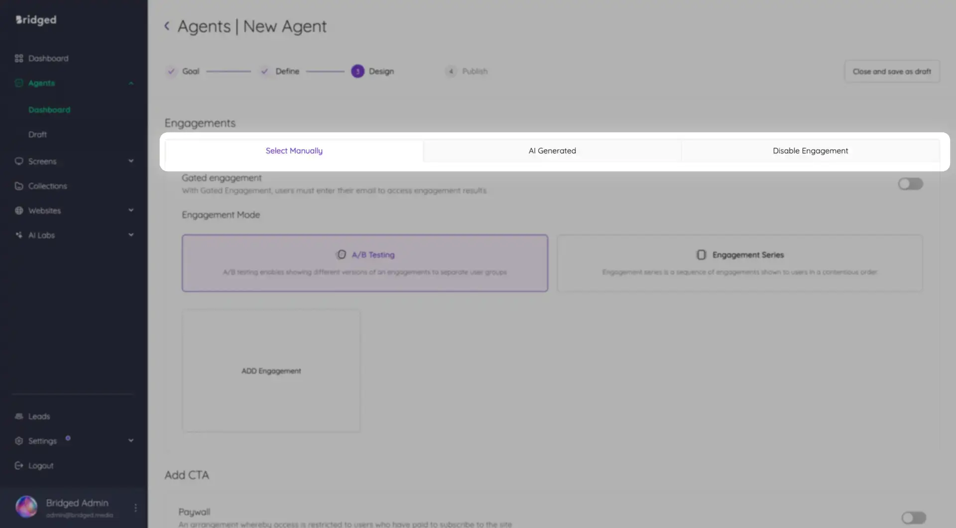 Bridged Media Agents New Agent Design Engagements page