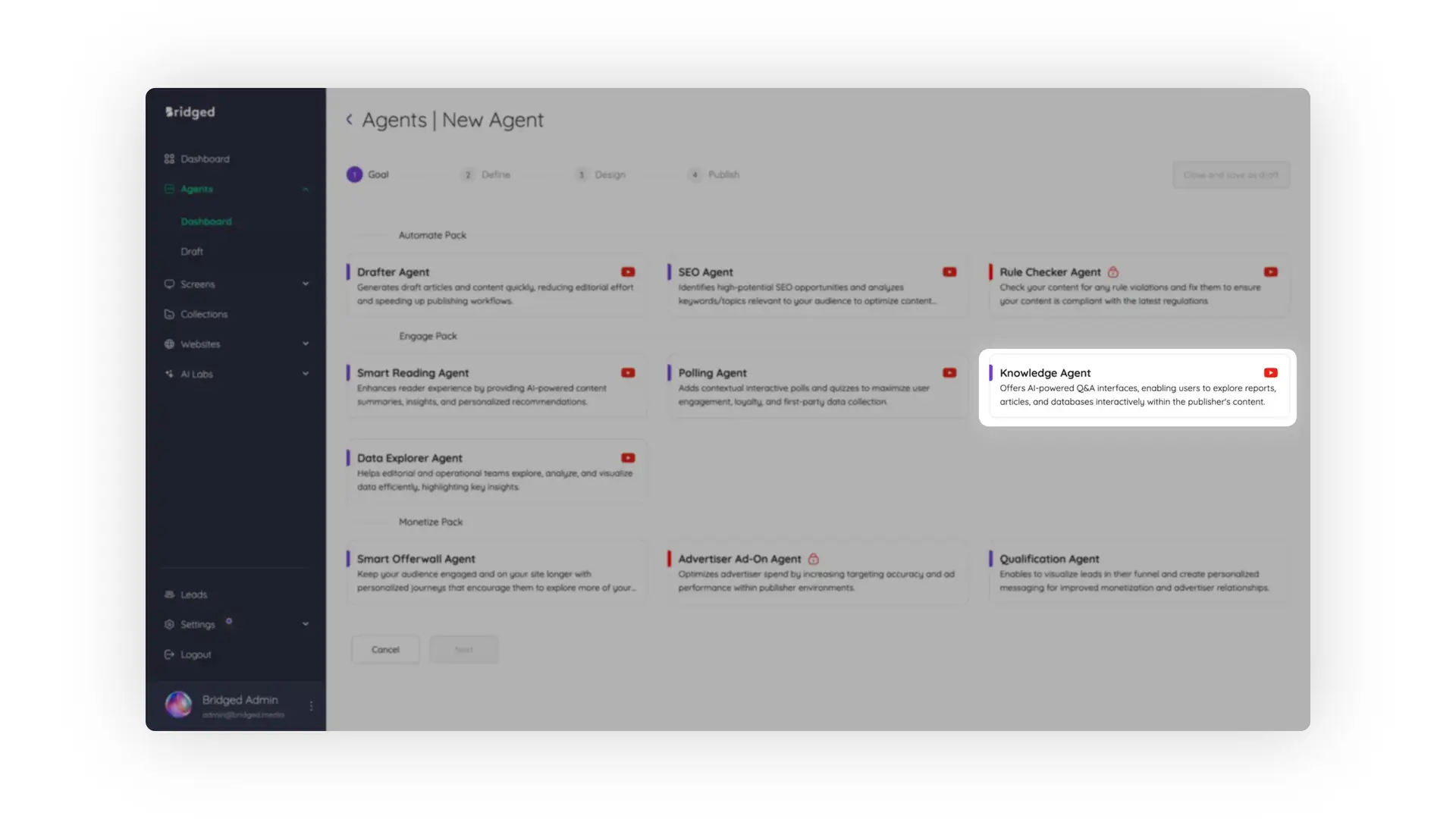 Bridged Media Agents New Agent page highlighting Knowledge Agent creation.