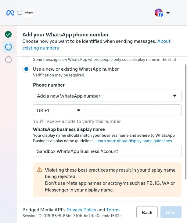 Bridged Setup screen for adding WhatsApp phone number with options for new or existing numbers and display name guidelines.