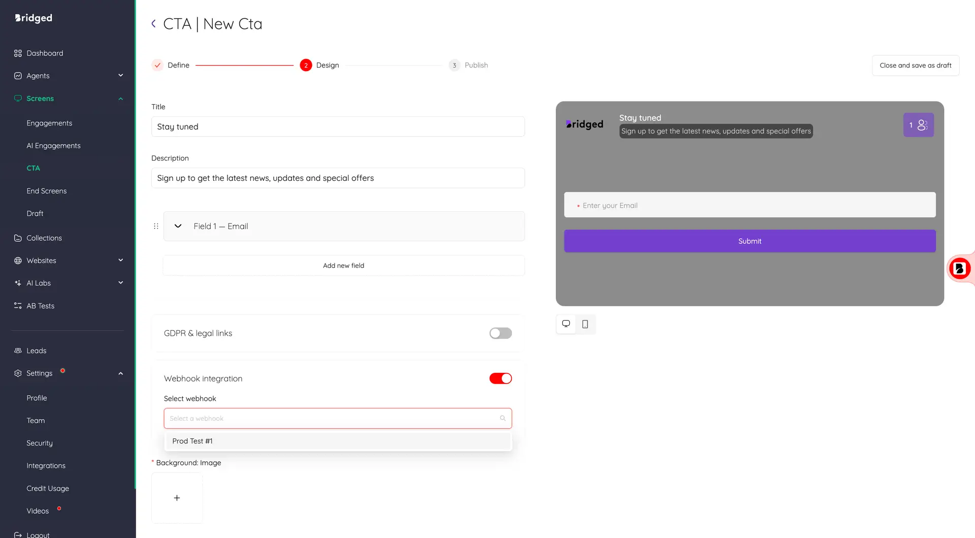 Bridged platform CTA creation screen in Design phase with webhook integration.