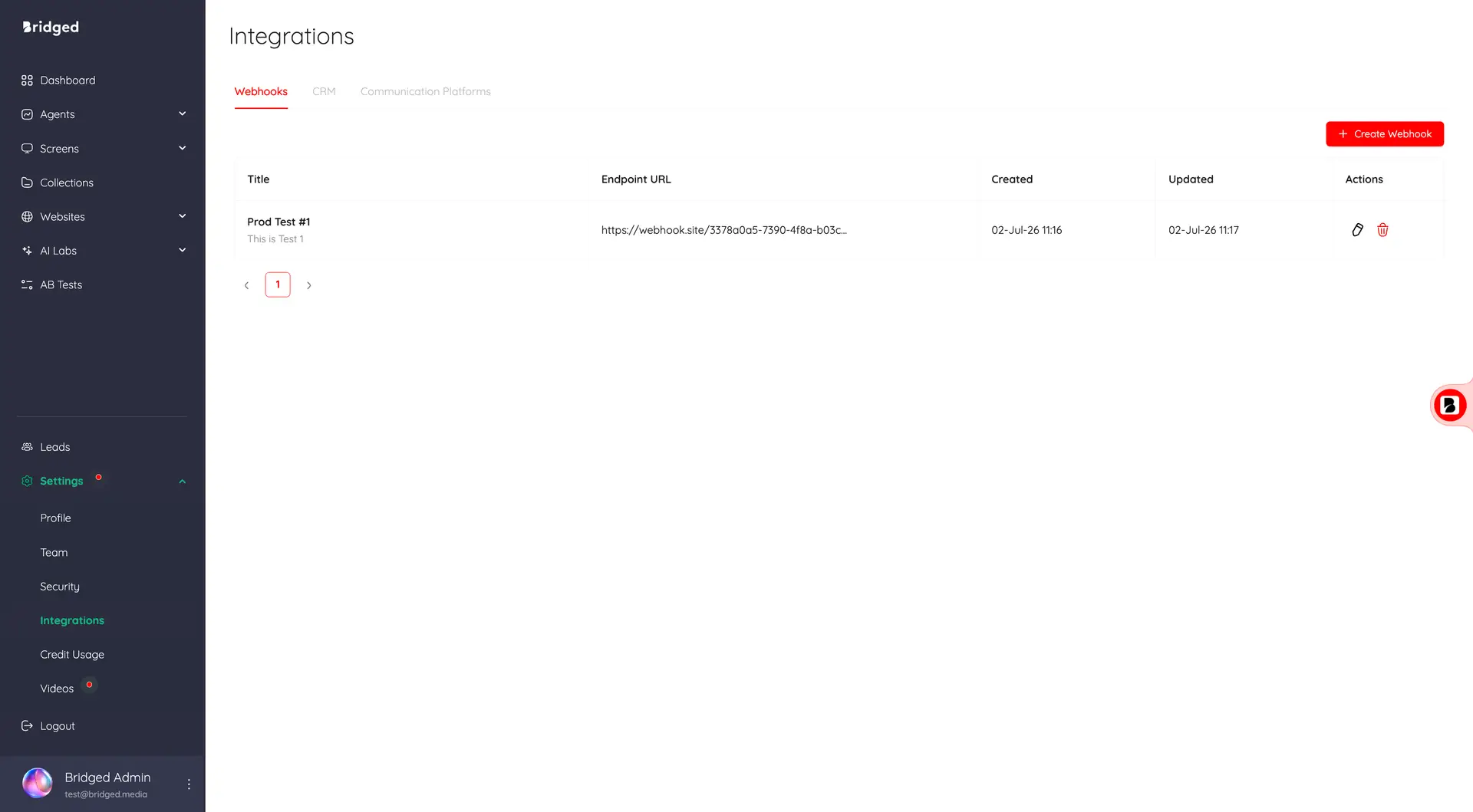 Bridged Integrations Webhooks page showing existing webhook entries and options to create, edit, or delete webhooks.